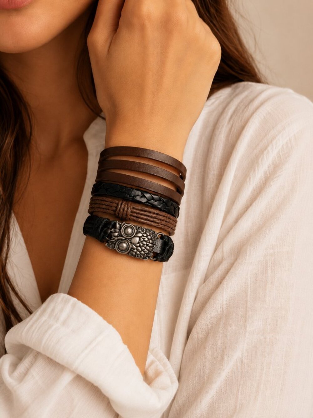 Multi Wrap Braided Leather Bracelet Silver Owl Charm